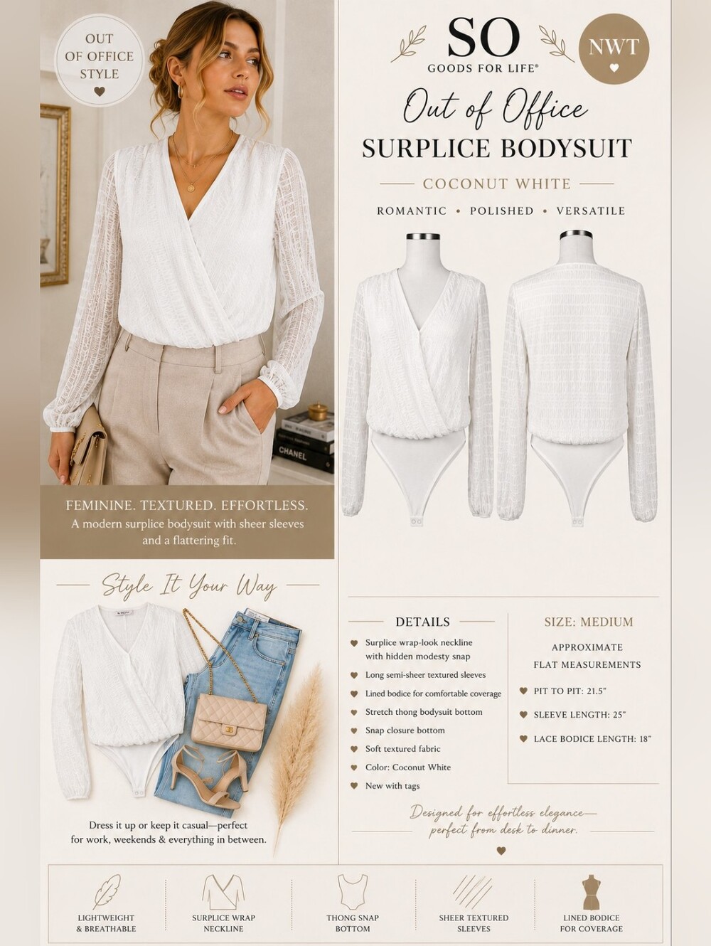 SO Out of Office Coconut White Surplice Bodysuit Sheer Sleeve Out of Office M